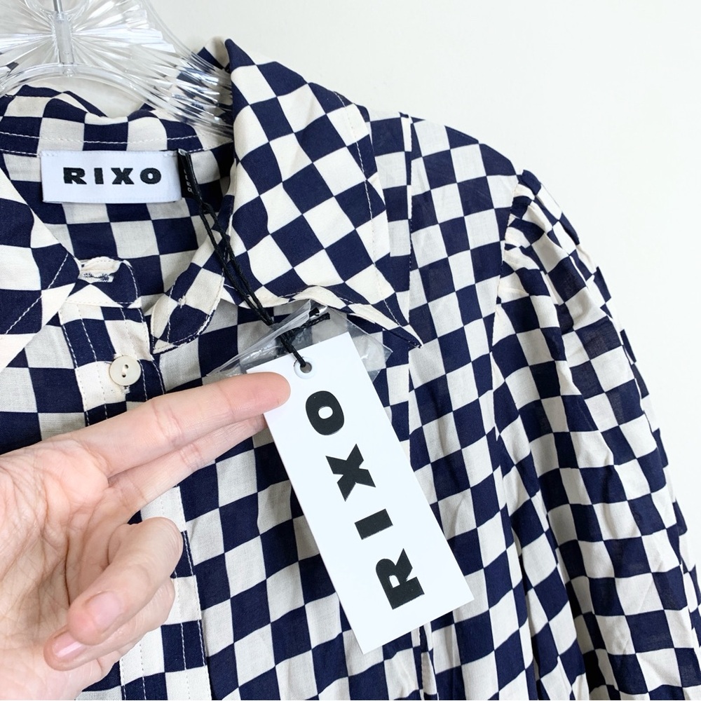 NEW RIXO Maddison Shirtdress (Sz XS) Long Sleeve Midi Navy Cream Checkerboard - Picture 13 of 16